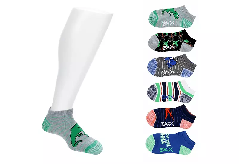 Skechers Boys Low Cut Dinosaur Socks 6 Pairs - Assorted 3 Skechers Boys Low Cut Dinosaur Socks 6 Pairs - Assorted