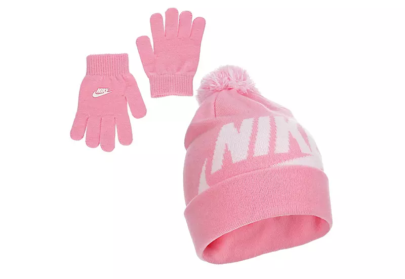 Nike Girls Swoosh Pom Beanie Set - Pink 3 Nike Girls Swoosh Pom Beanie Set - Pink